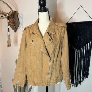 Tan Cropped Plus Size Moto Denim Jacket